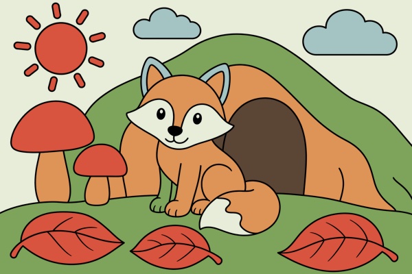 A fox by its den from the Easy level, colored