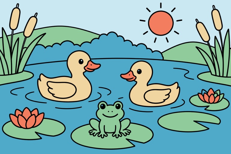 A finished drawing of ducks on a pond